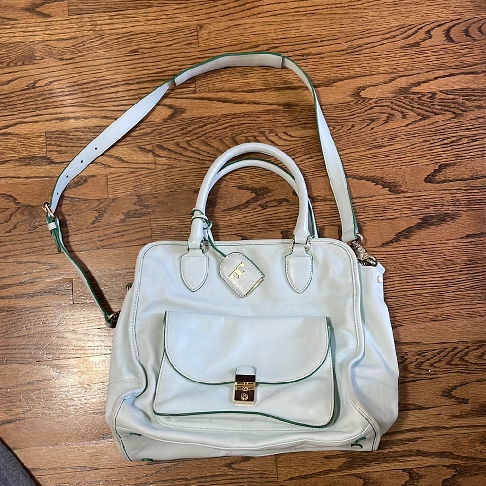 Tory Burch robin's egg blue purse with shoulder strap